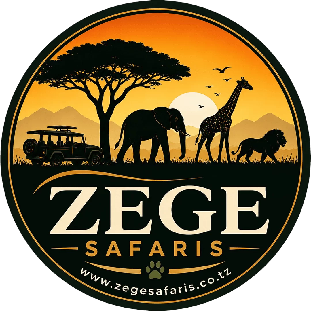 ZEGE SAFARIS logo with silhouettes of elephant, giraffe, and lion at sunset, a safari jeep, and a tree in a circular design.