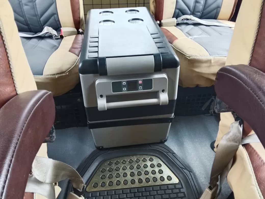 Zege Safaris vehicle interior with fridge